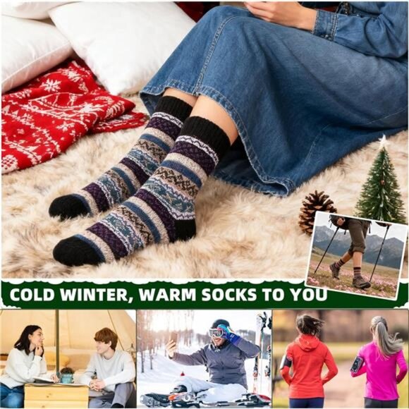 Womens Wool Socks 5 Pairs Winter Warm Thick Knit Wool Soft Vintage Casual Crew - Picture 4 of 7